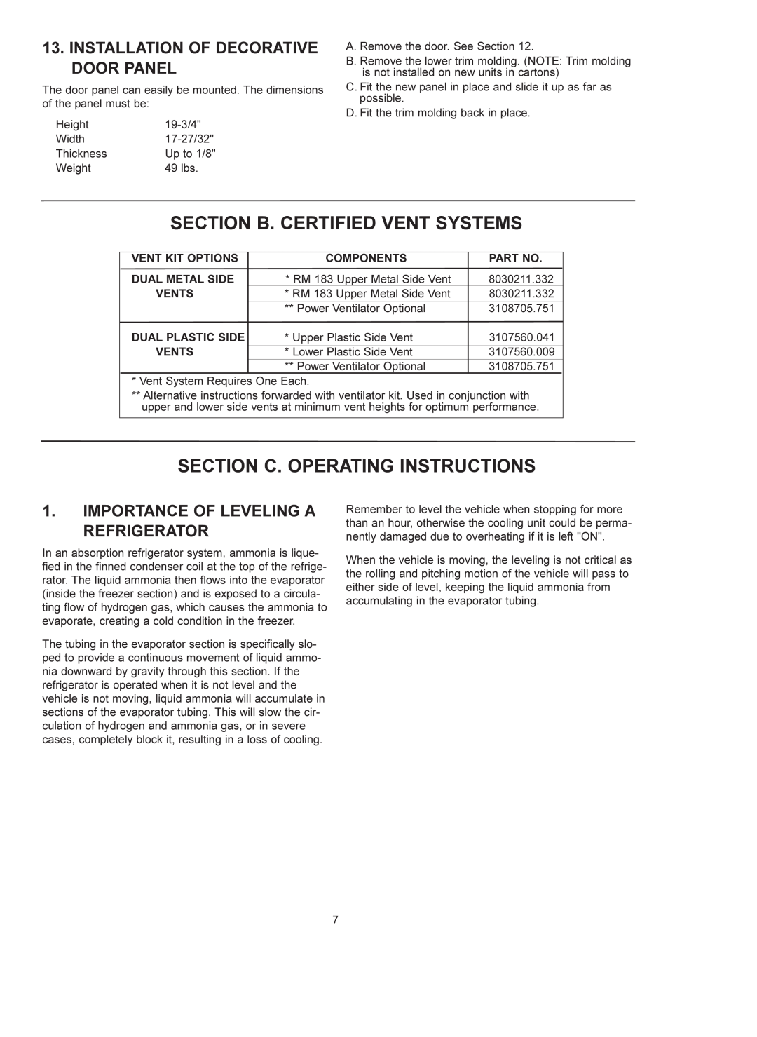 Dometic RM 4223 manual Section B. Certified Vent Systems, Section C. Operating Instructions 