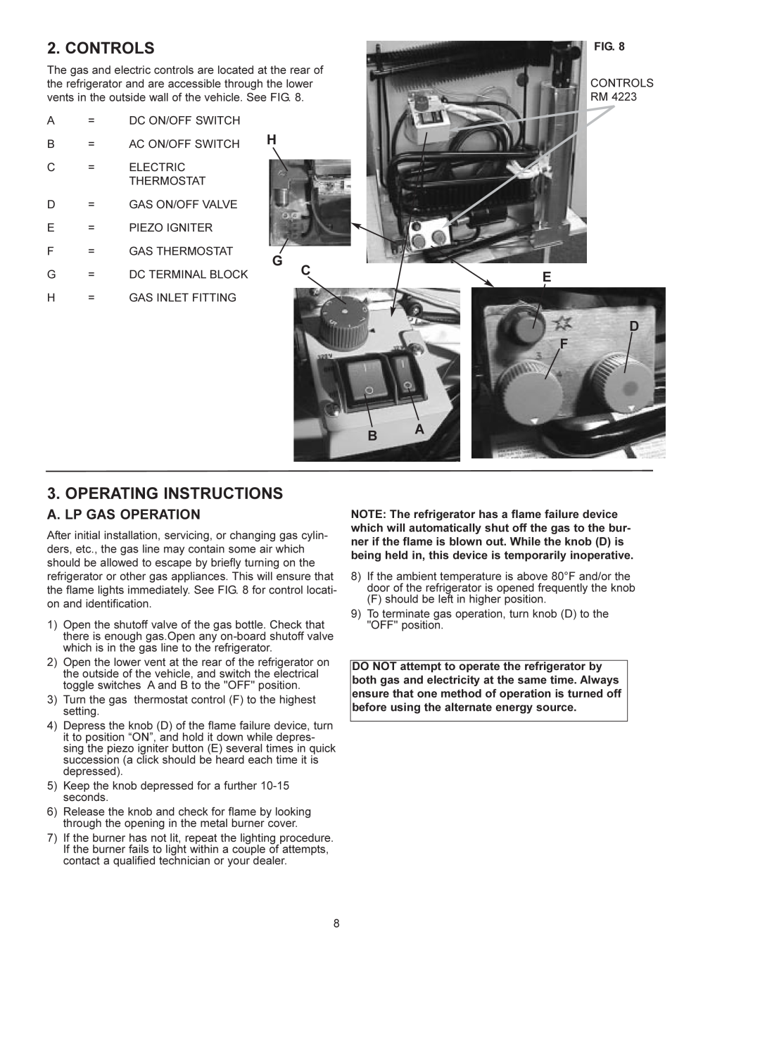 Dometic RM 4223 manual Controls, Operating Instructions, A. Lp Gas Operation, E D F Ba 