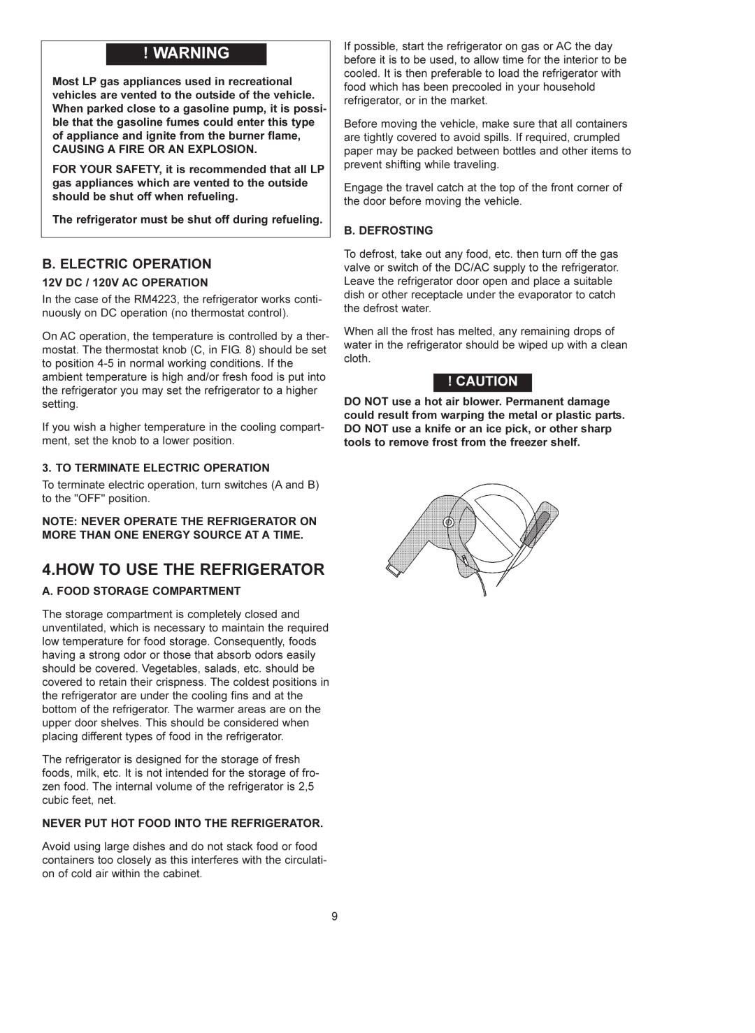 Dometic RM 4223 manual How To Use The Refrigerator, B. Electric Operation 