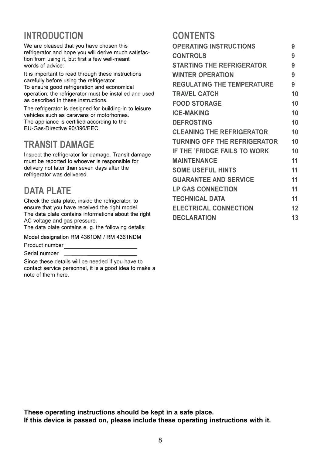 Dometic RM 4361DM, RM 4361NDM manual Introduction, Transit Damage, Data Plate, Contents 