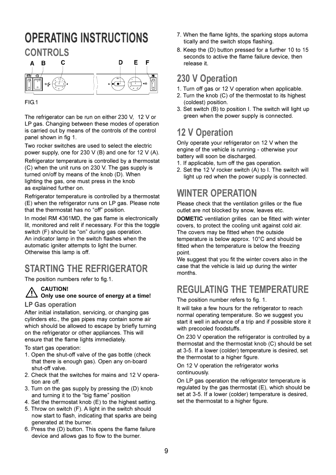 Dometic RM 4361NDM, RM 4361DM manual Controls, Winter Operation 