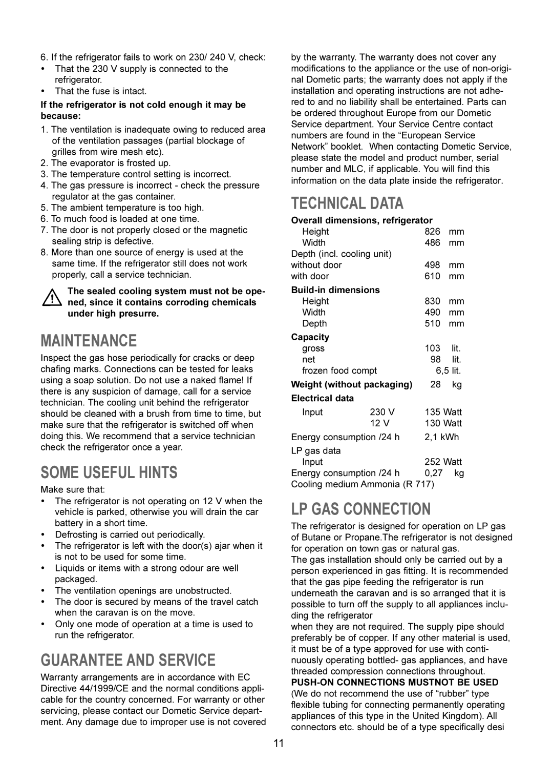 Dometic RM 4361NDM, RM 4361DM Maintenance, Some Useful Hints, Guarantee and Service, Technical Data, LP GAS Connection 