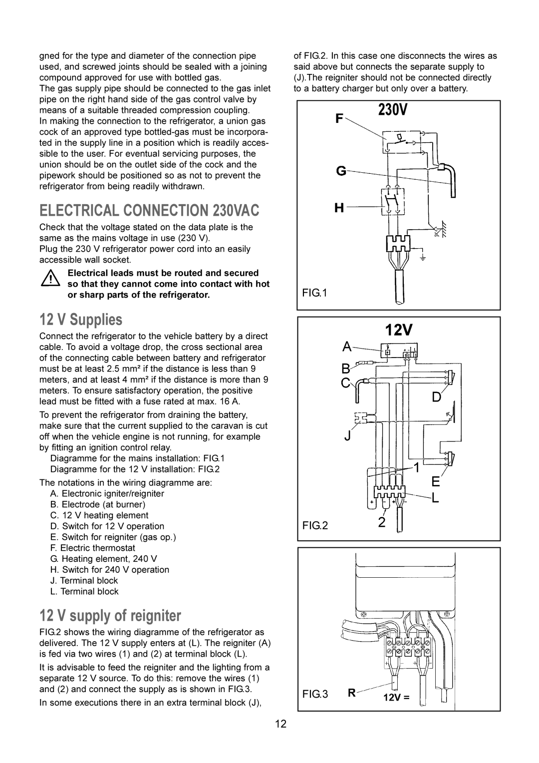 Dometic RM 4361DM, RM 4361NDM manual Supplies, Supply of reigniter, Electrical Connection 230VAC 