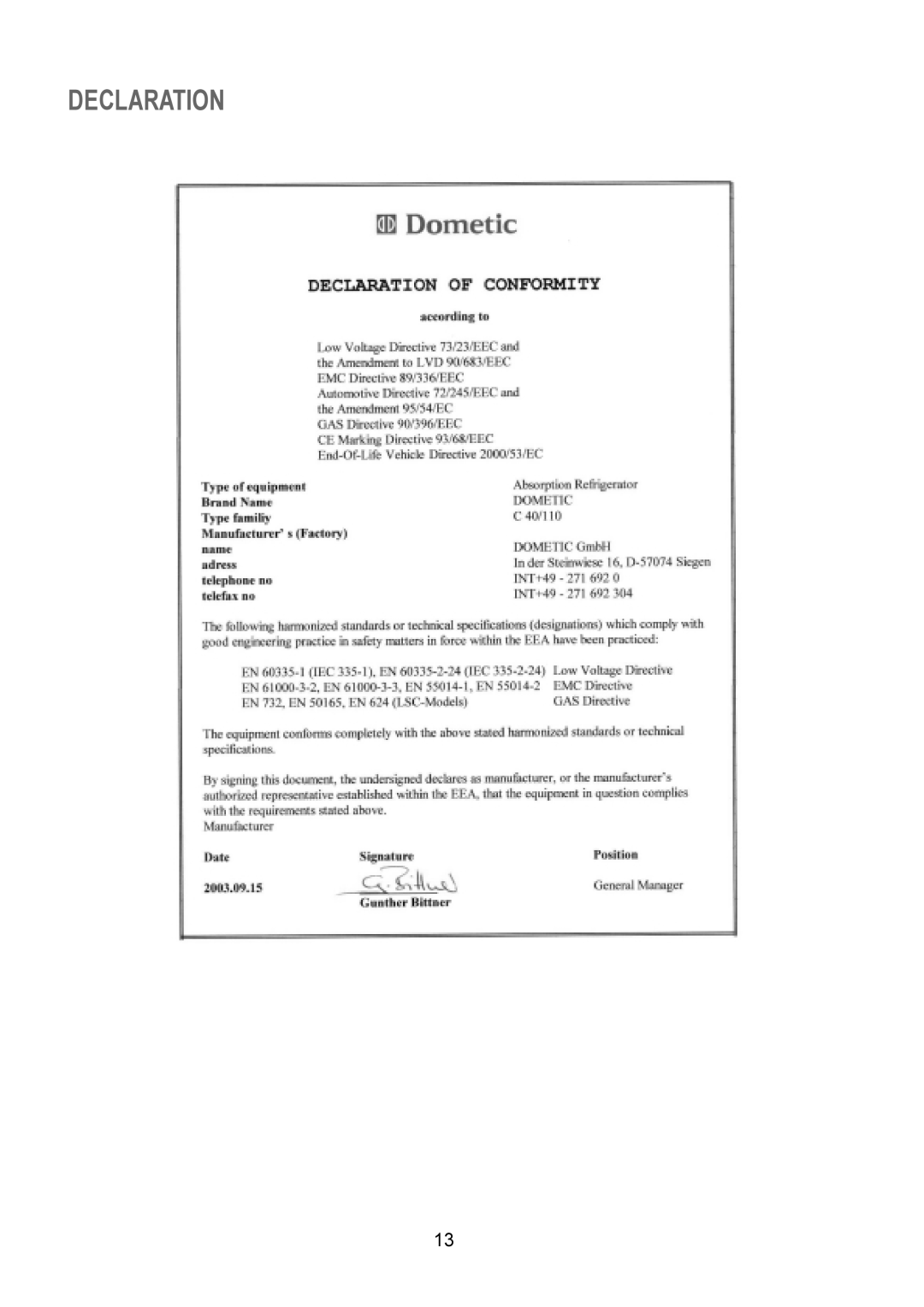 Dometic RM 4361NDM, RM 4361DM manual Declaration 