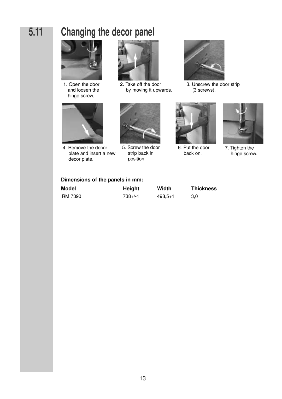 Dometic RM 7390 (L) installation instructions Changing the decor panel 