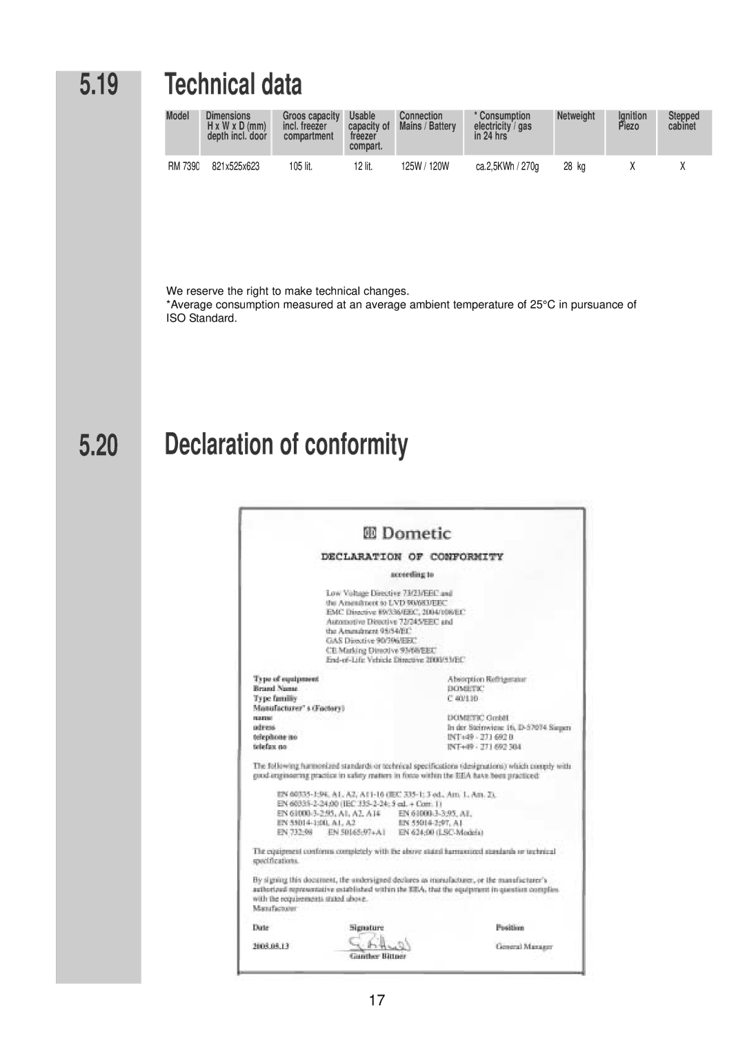 Dometic RM 7390 (L) installation instructions Technical data, Declaration of conformity 