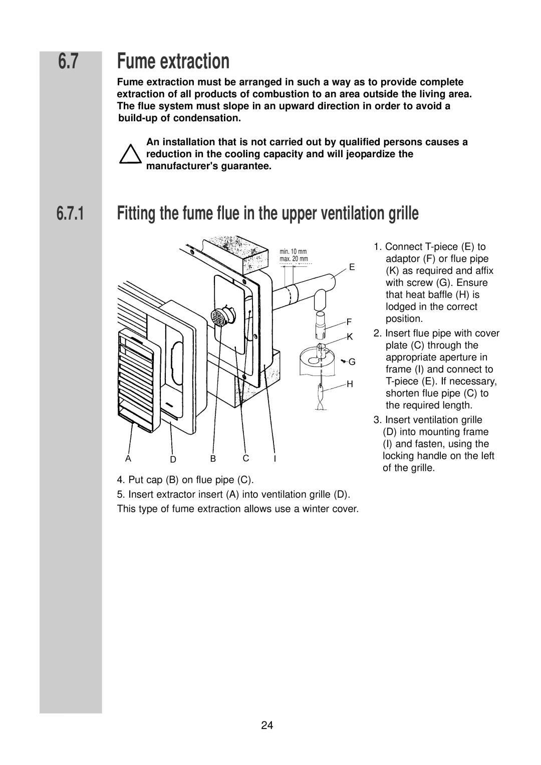 Dometic RM 7390 (L) installation instructions Fume extraction, Fitting the fume flue in the upper ventilation grille 