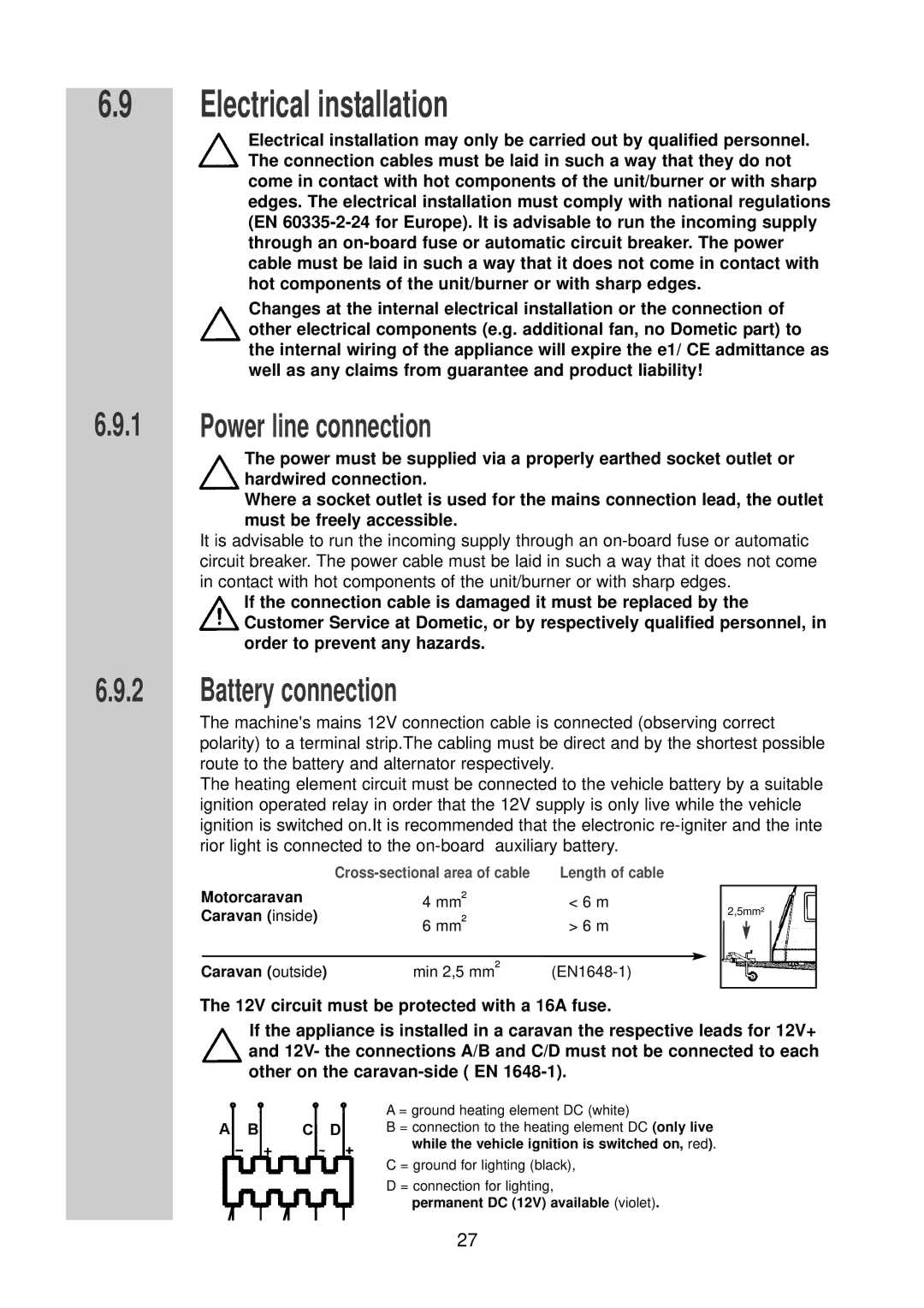 Dometic RM 7390 (L) installation instructions Electrical installation, Power line connection, Battery connection 