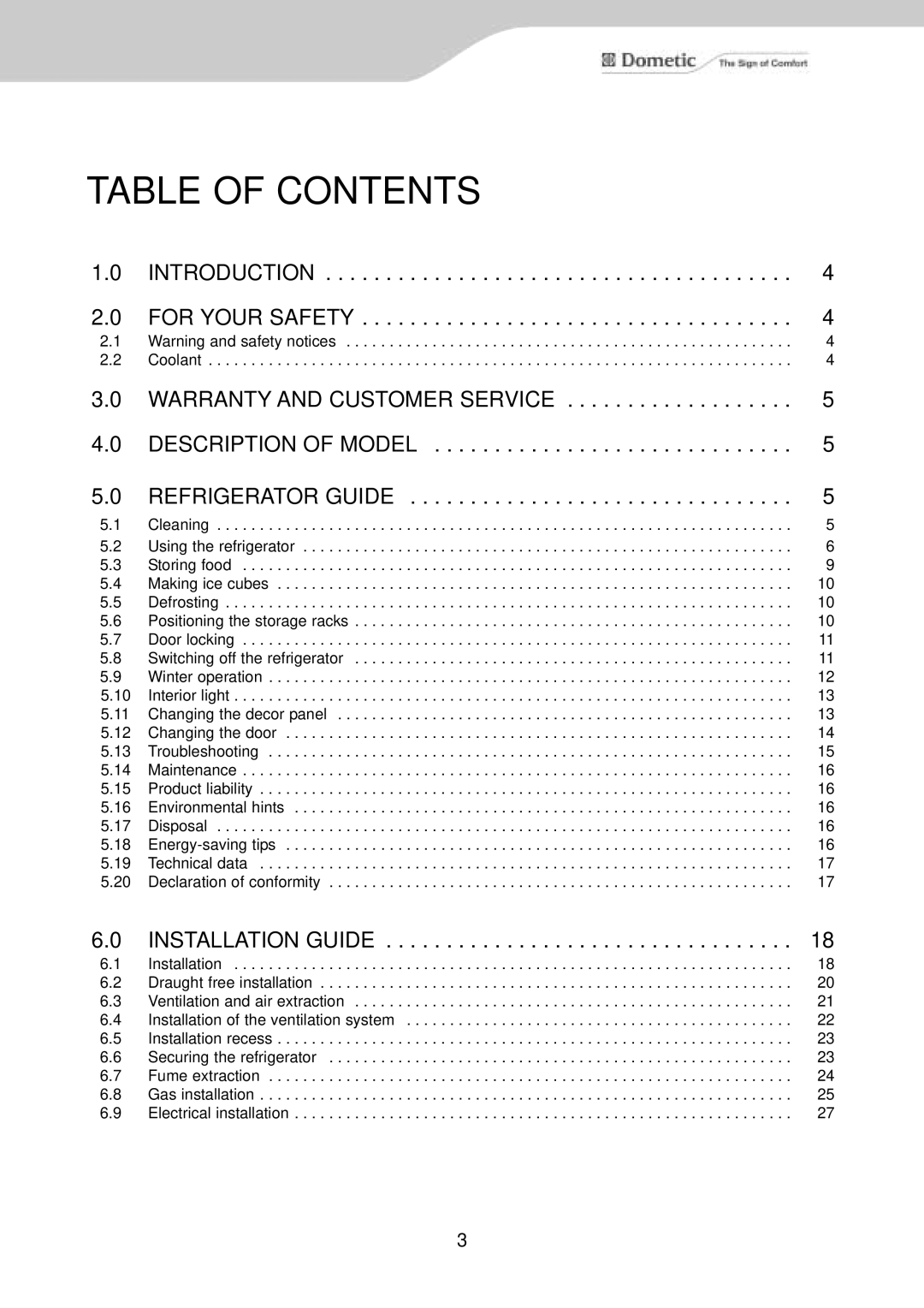 Dometic RM 7390 (L) installation instructions Table of Contents 