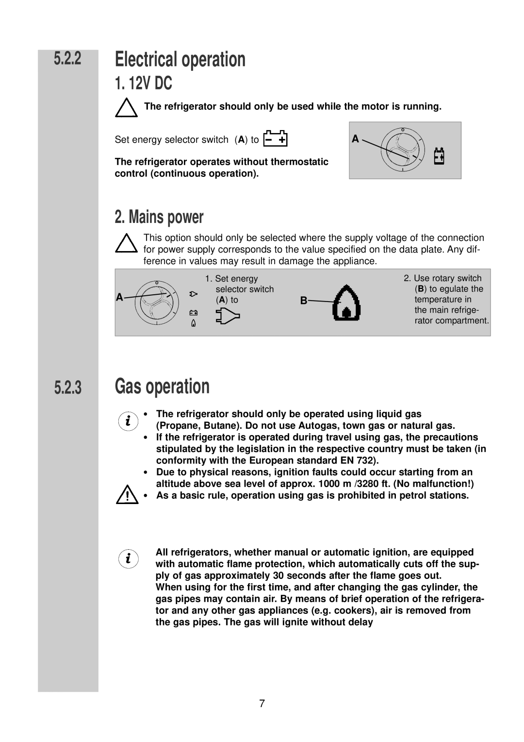 Dometic RM 7390 (L) installation instructions Electrical operation, Gas operation, 12V DC, Mains power 