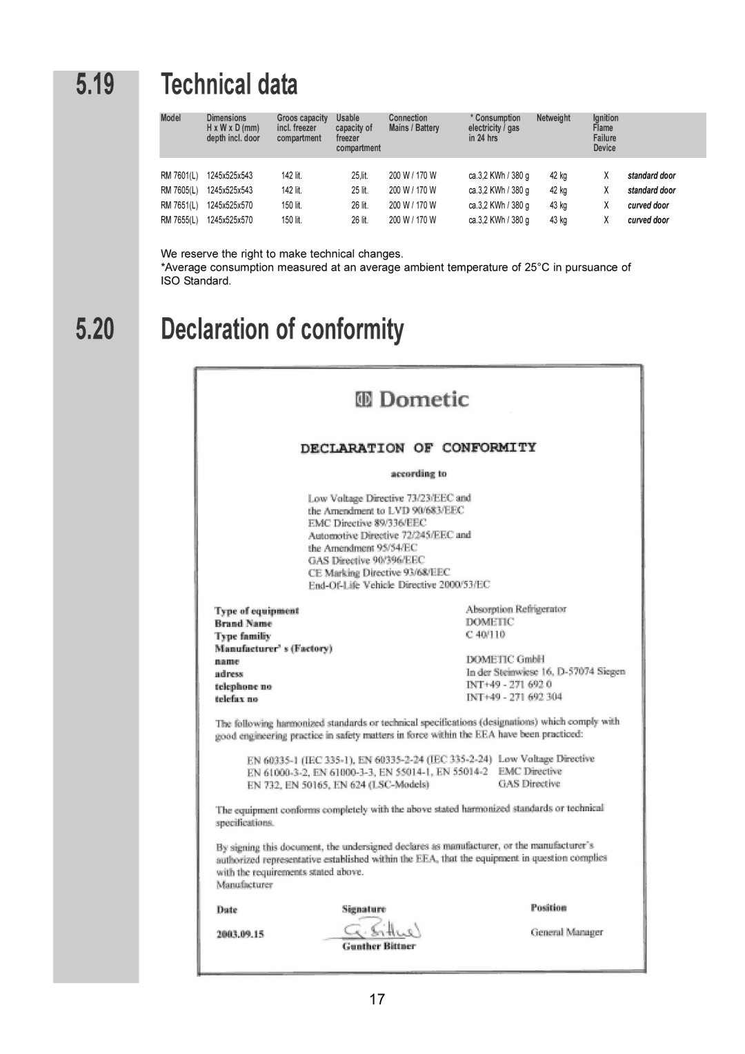 Dometic RM 7655 L, RM 7651 L, RM 7605 L, RM 7601 L installation instructions Technical data, Declaration of conformity 