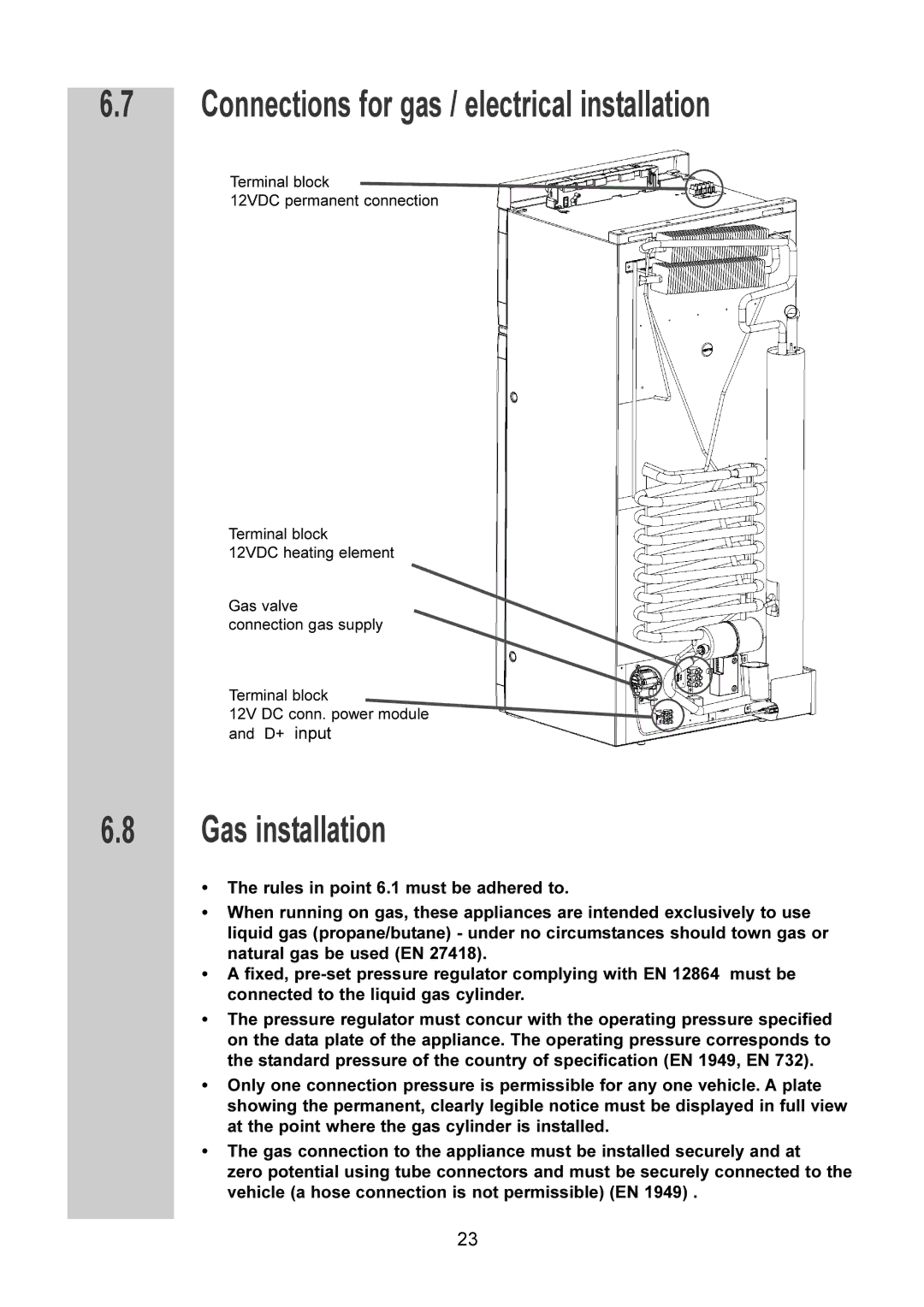 Dometic RM 7601 L, RM 7651 L, RM 7655 L, RM 7605 L Connections for gas / electrical installation, Gas installation 