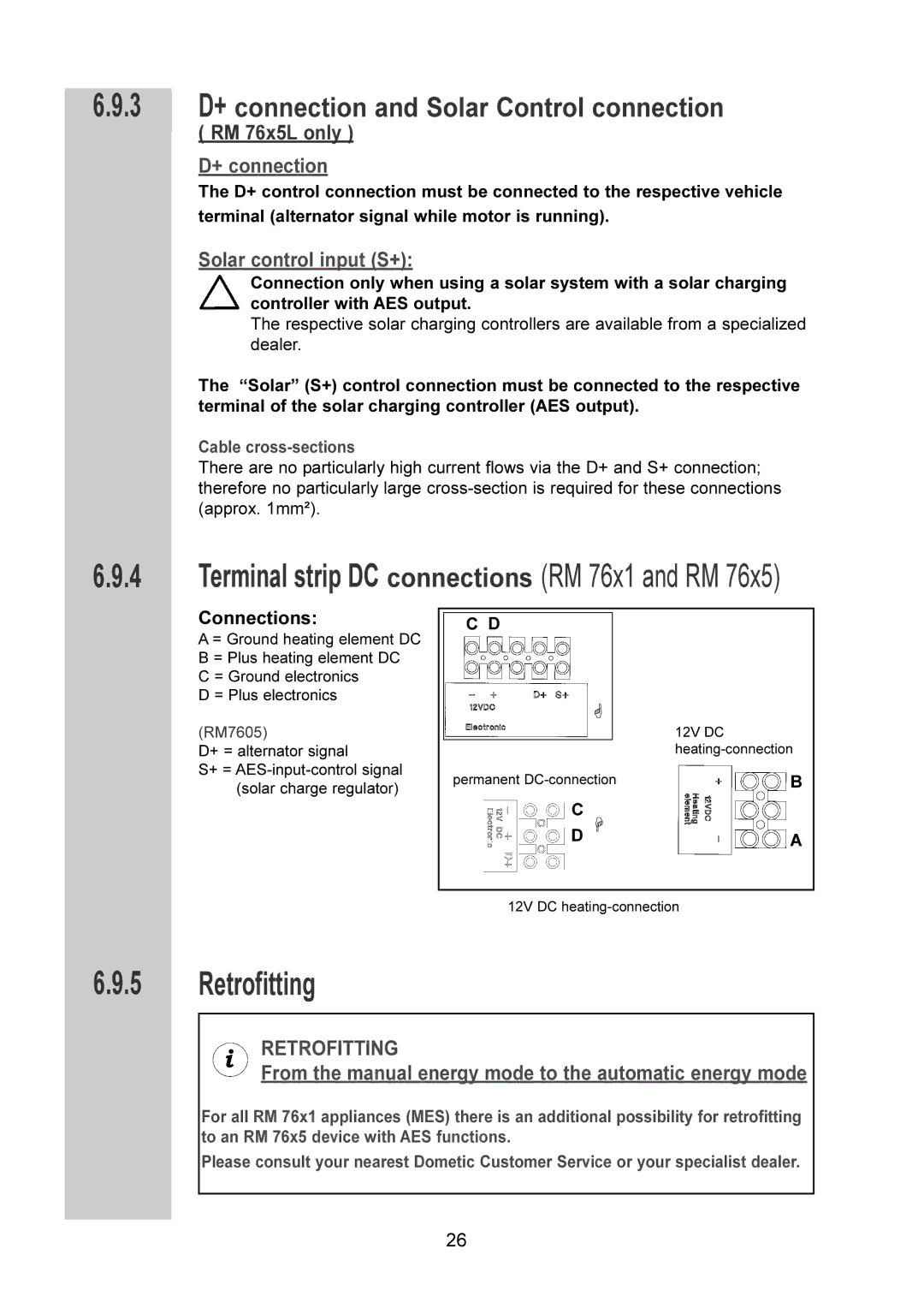 Dometic RM 7605 L Retrofitting, Solar control input S+, From the manual energy mode to the automatic energy mode 