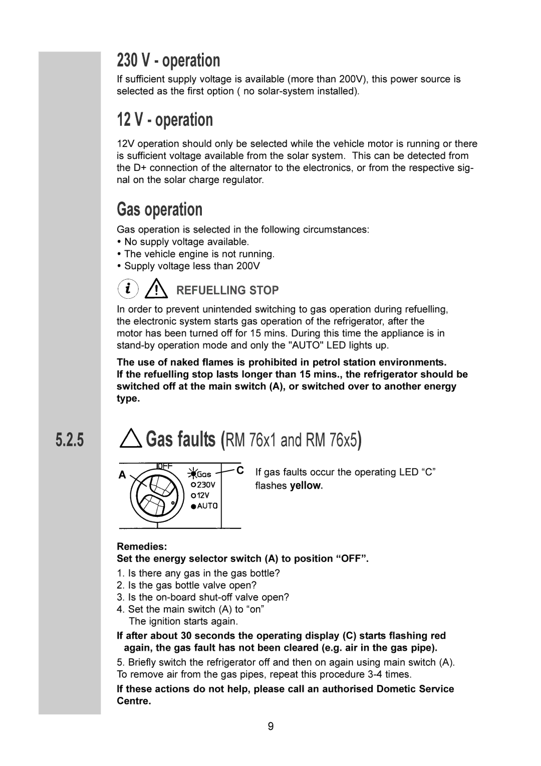 Dometic RM 7655 L, RM 7651 L, RM 7605 L, RM 7601 L Operation, Gas operation, Gas faults RM 76x1 and RM 