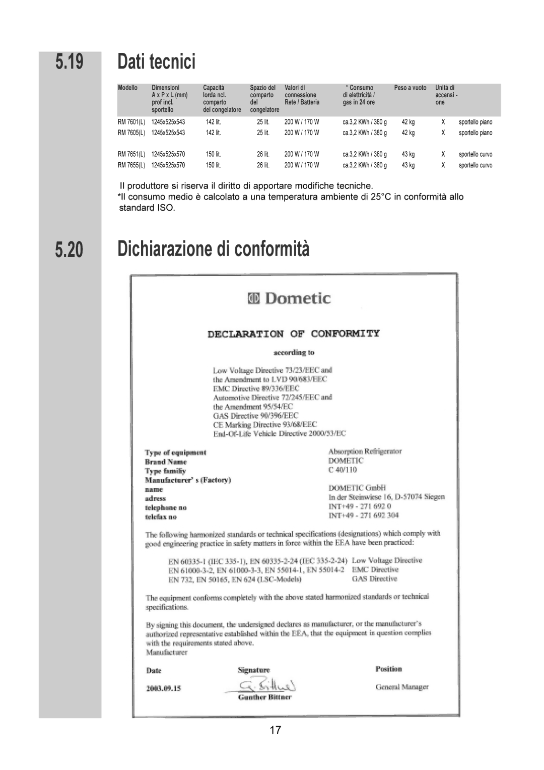 Dometic RM 7655 L, RM 7651 L, RM 7605 L, RM 7601 L manual Dati tecnici, Dichiarazione di conformità 