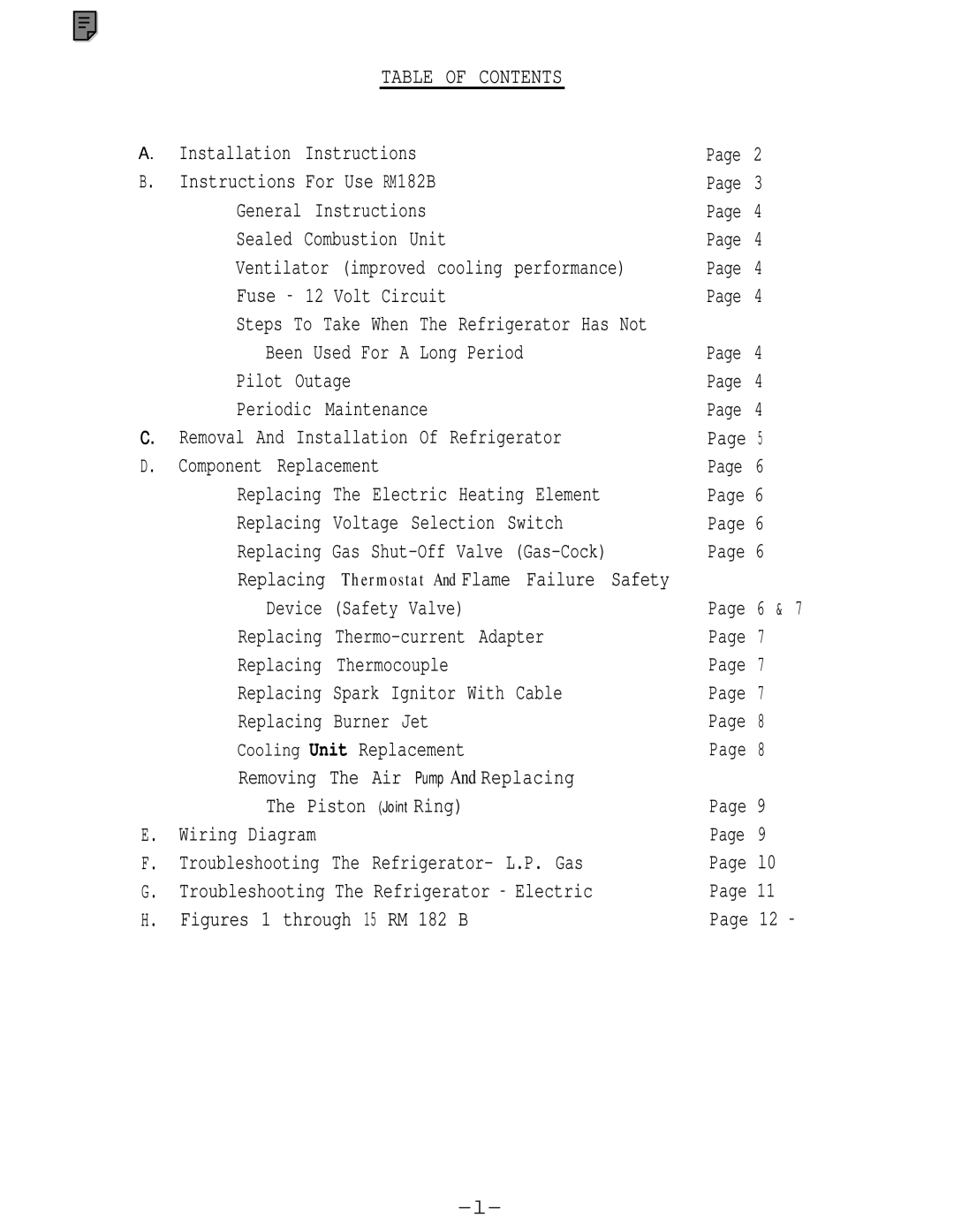 Dometic RM182B service manual Table of Contents 