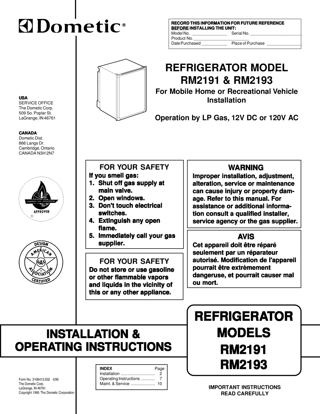 Dometic RM2191 & RM2193 manual For Your Safety, Avis, Important Instructions, Read Carefully 