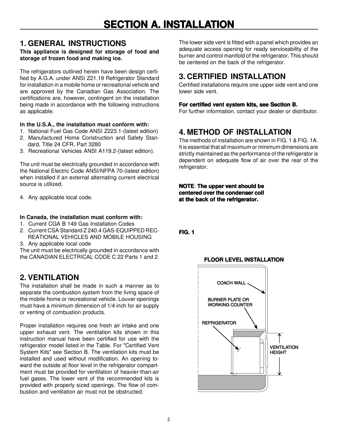 Dometic RM2191 & RM2193 manual Section A. Installation, General Instructions, Ventilation, Certified Installation 