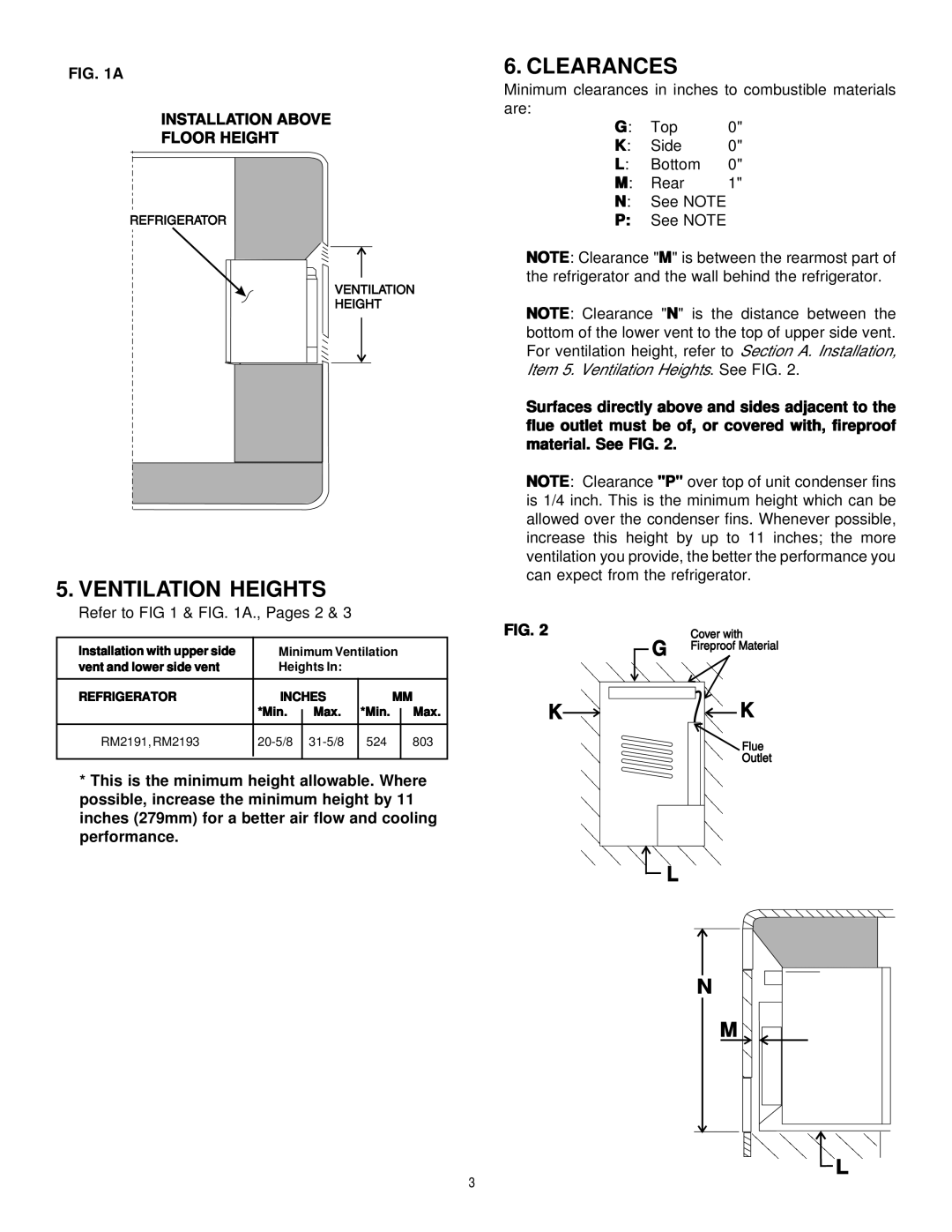 Dometic RM2191 & RM2193 manual Ventilation Heights, Clearances 