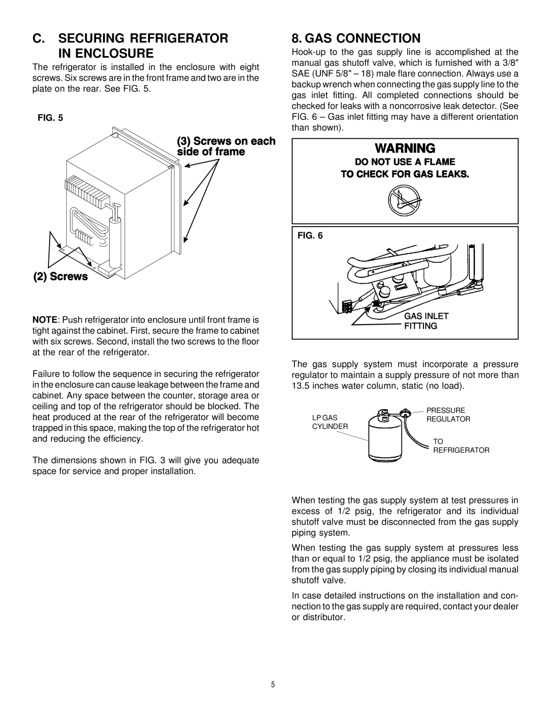 Dometic RM2191 & RM2193 manual Securing Refrigerator Enclosure, GAS Connection, Do not USE a Flame To Check for GAS Leaks 