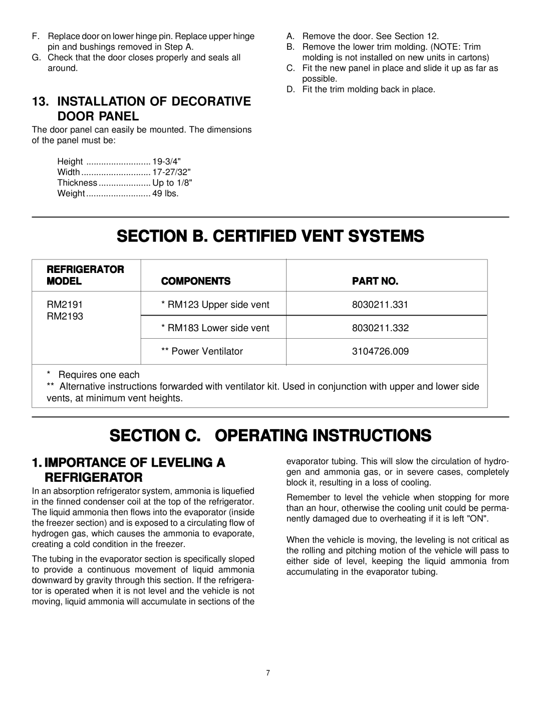 Dometic RM2191 & RM2193 manual Section B. Certified Vent Systems, Section C. Operating Instructions 