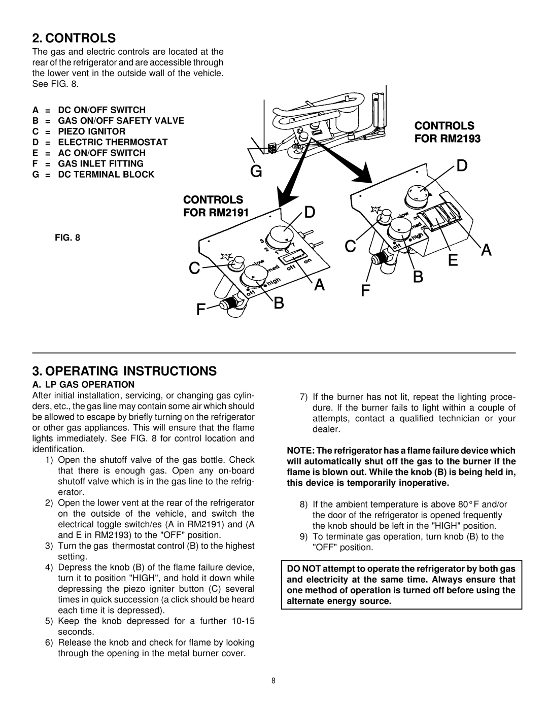 Dometic RM2191 & RM2193 manual Controls, Operating Instructions, LP GAS Operation 