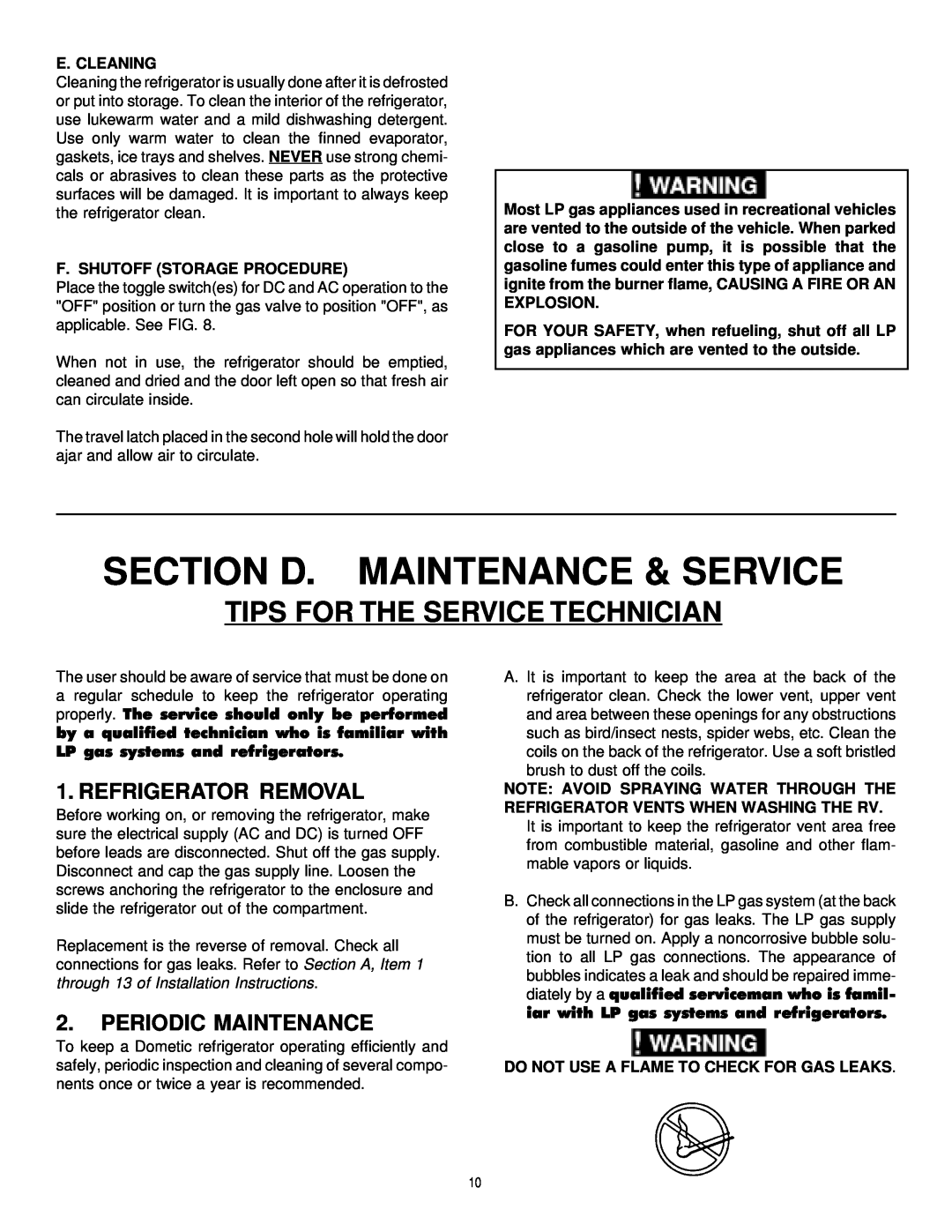 Dometic RM2191 & RM2193 manual Section D. Maintenance & Service, Tips For The Service Technician, Refrigerator Removal 