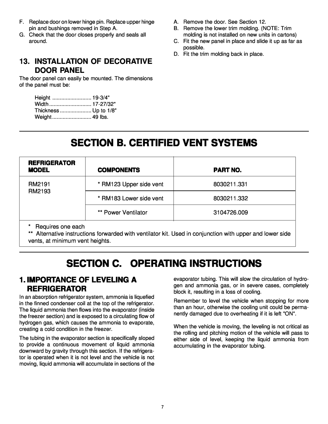 Dometic RM2191 & RM2193 manual Section B. Certified Vent Systems, Section C. Operating Instructions, Refrigerator, Model 
