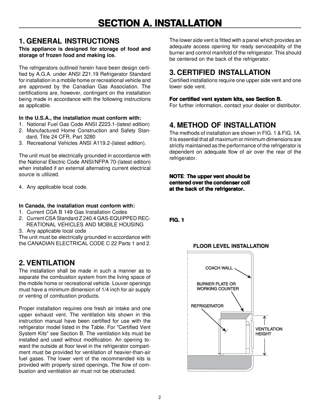 Dometic RM2193 Section A. Installation, General Instructions, Ventilation, Certified Installation, Method of Installation 