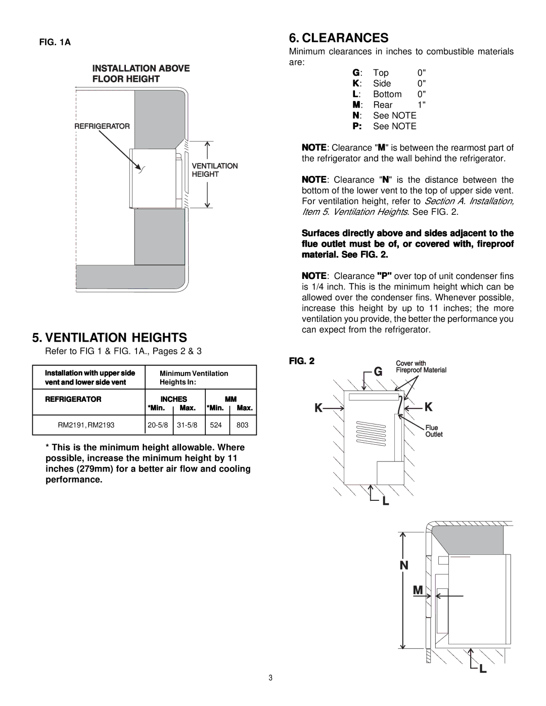 Dometic RM2191, RM2193 manual Ventilation Heights, Clearances 