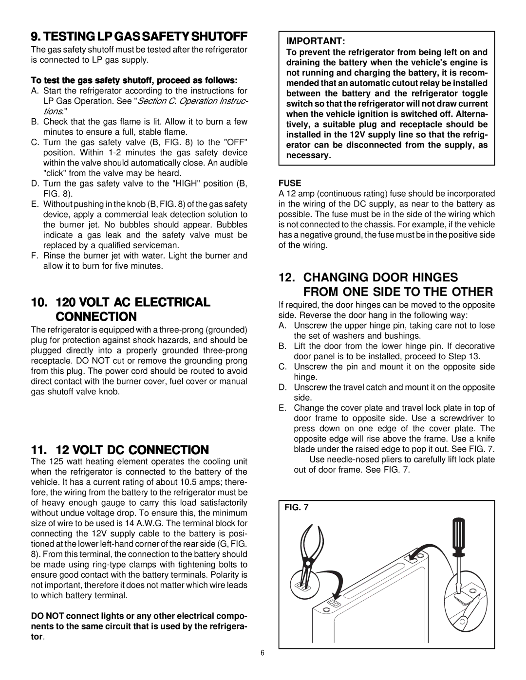 Dometic RM2193, RM2191 manual Testing LP GAS Safety Shutoff, Volt AC Electrical Connection, Volt DC Connection, Fuse 