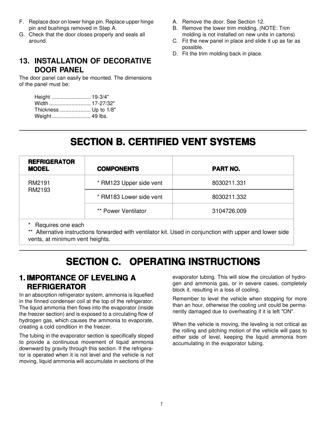 Dometic RM2191 Section B. Certified Vent Systems, Section C. Operating Instructions, Installation of Decorative Door Panel 