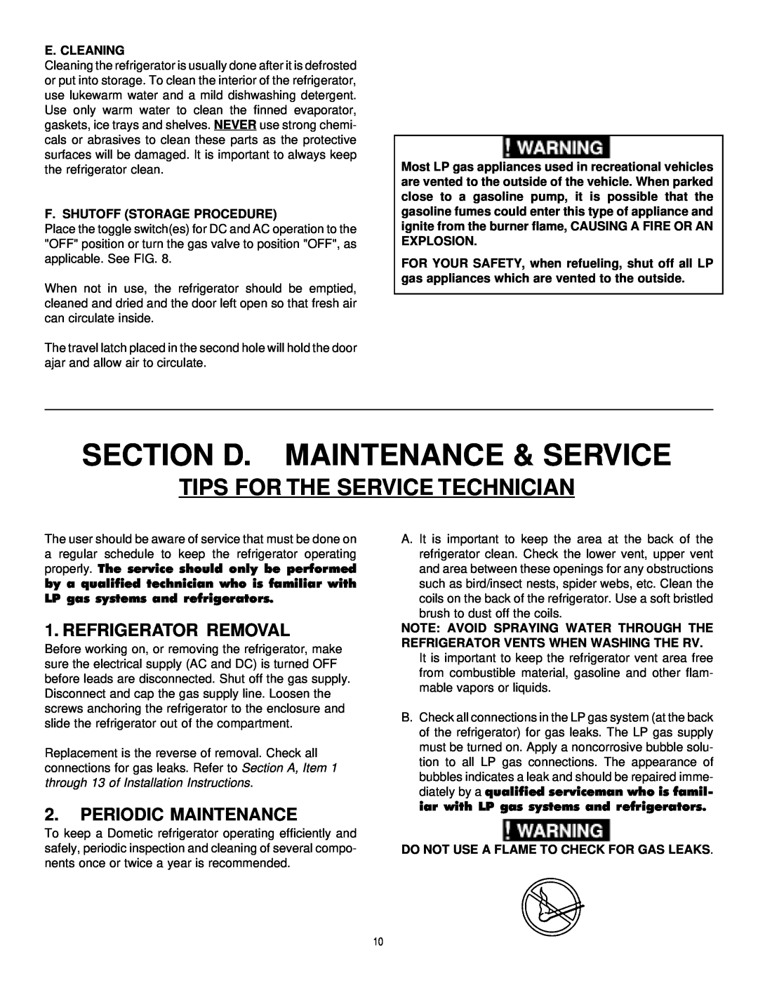 Dometic RM2193 manual Section D. Maintenance & Service, Tips For The Service Technician, Refrigerator Removal, E. Cleaning 