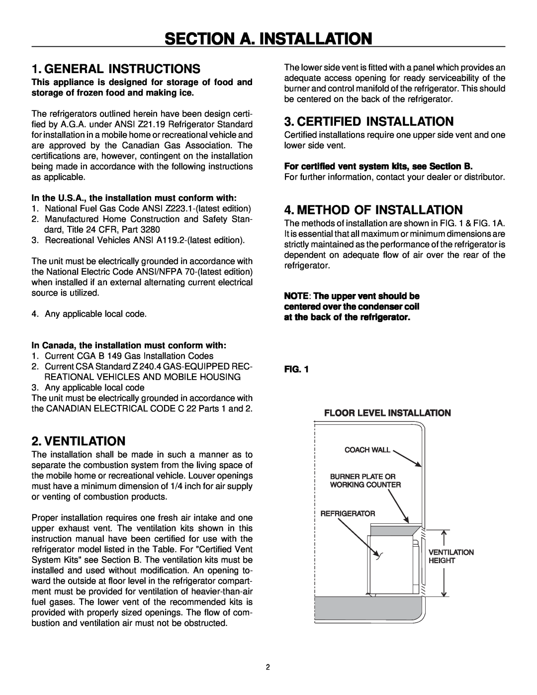 Dometic RM2193 Section A. Installation, General Instructions, Ventilation, Certified Installation, Method Of Installation 
