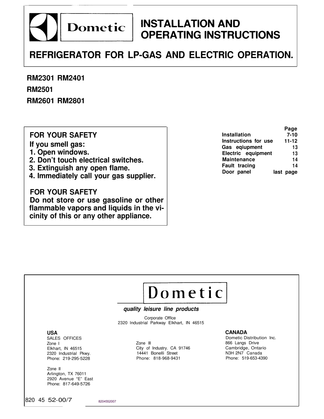 Dometic RM2501, RM2301, RM2801 manual Refrigerator for LP-GAS and Electric Operation, USA Canada 