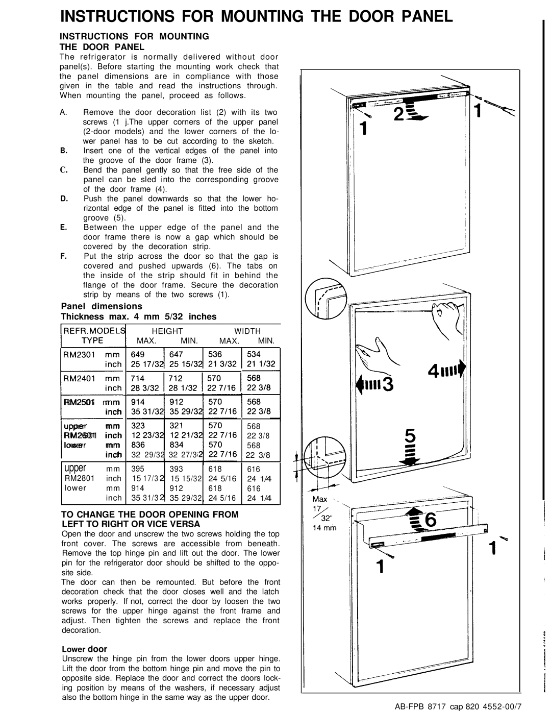 Dometic RM2501, RM2301, RM2801 Instructions for Mounting Door Panel, Panel dimensions, Thi kness max mm Inches, Lower door 