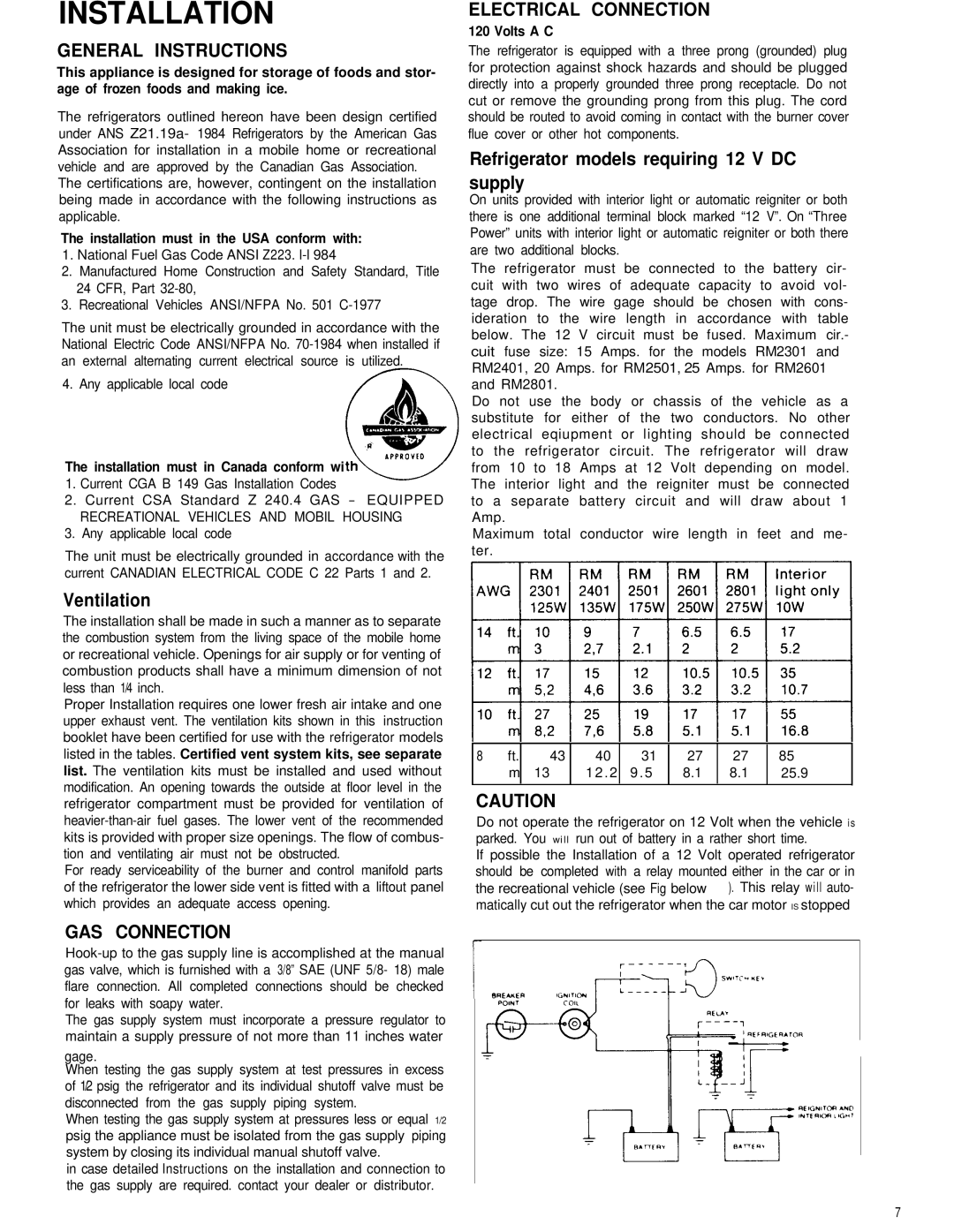 Dometic RM2801, RM2301, RM2501 manual General Instructions, Electrical Connection, GAS Connection 