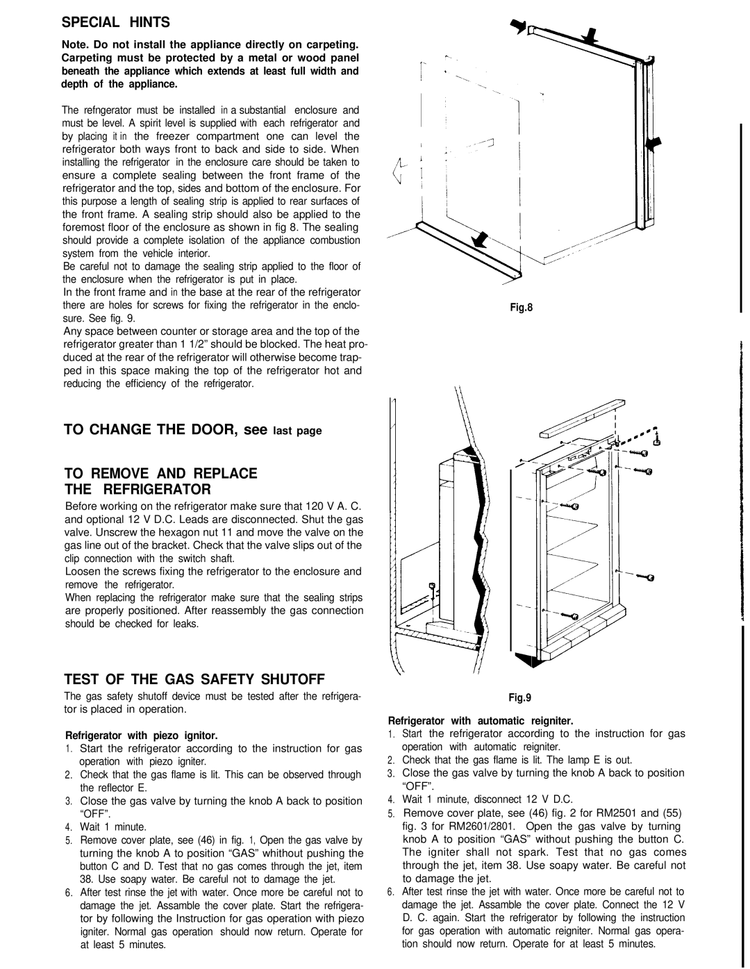 Dometic RM2301, RM2501, RM2801 manual Special Hints, To Remove and Replace Refrigerator, Test of the GAS Safety Shutoff 