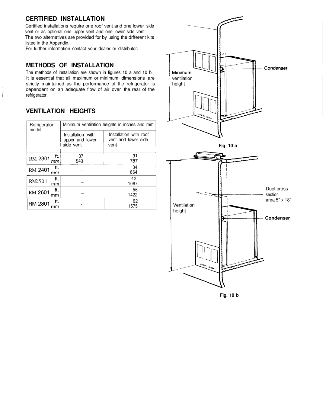 Dometic RM2501, RM2301, RM2801 manual Certified Installation, Methods of Installation, Ventilation Heights, Condenser 