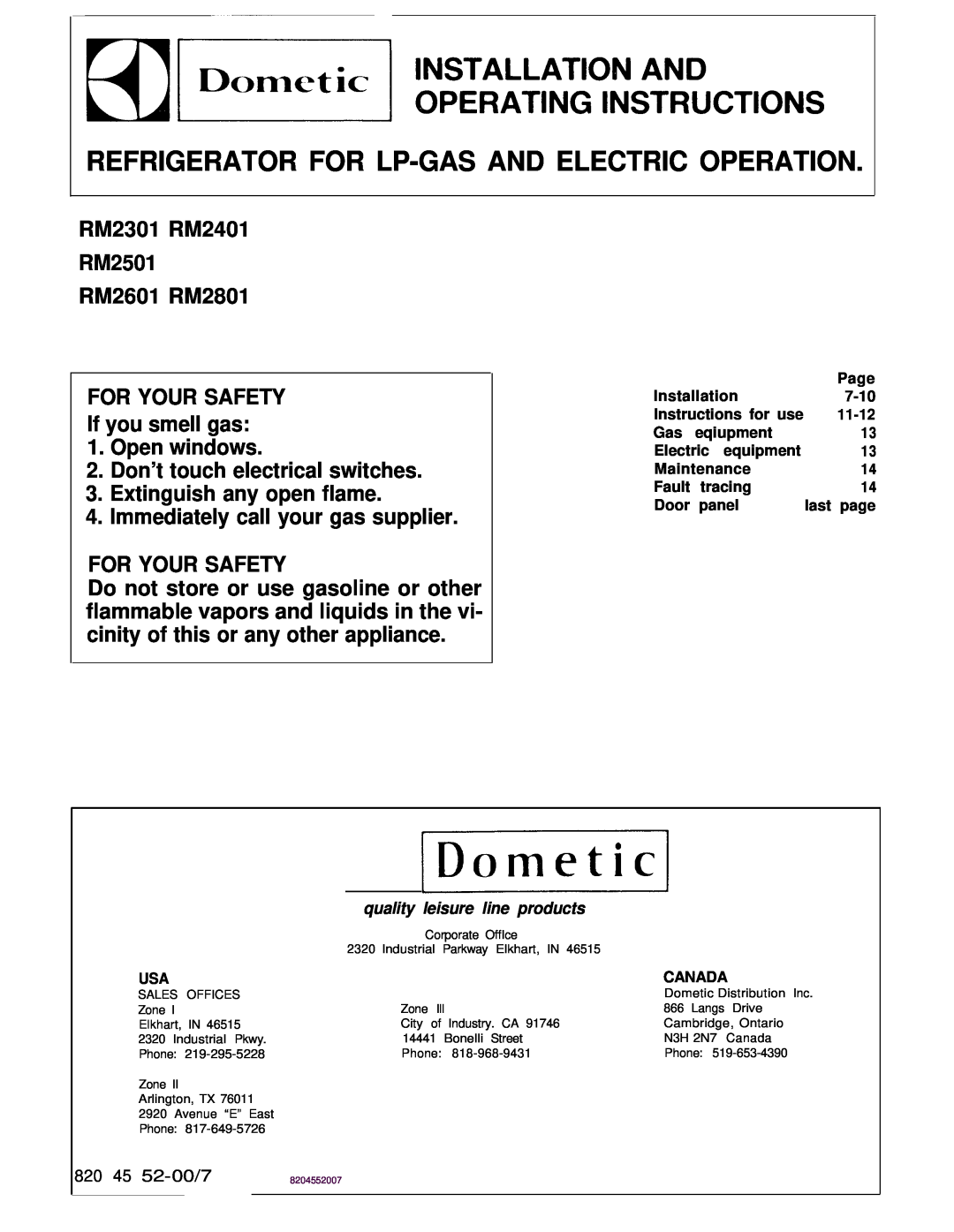 Dometic RM2501 manual Refrigerator For Lp-Gasand Electric Operation, Installation, Page, 7-10, Instructions for use, 11-12 