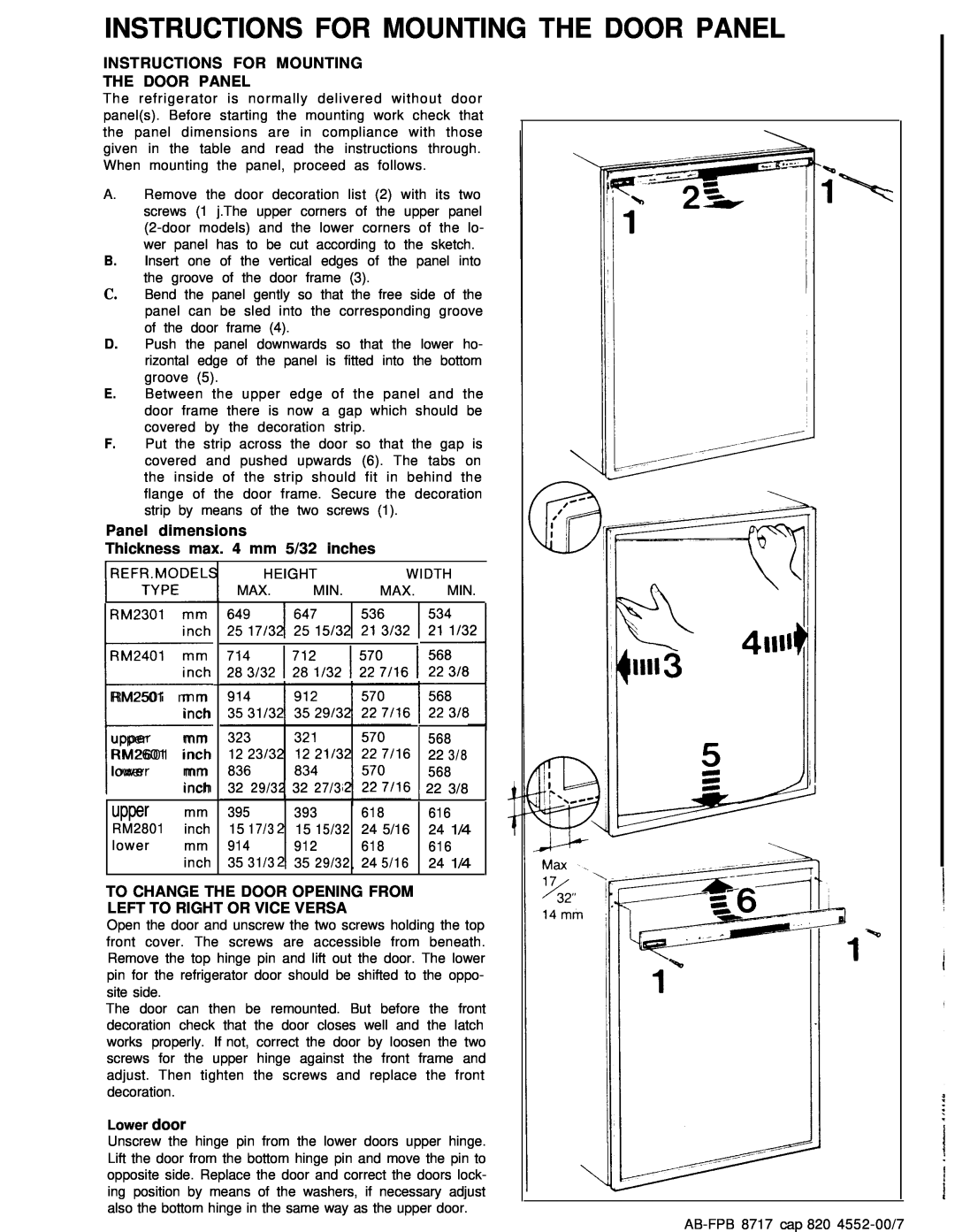 Dometic RM2501 Instructions For Mounting The Door Panel, Panel dimensions, Thi kness max. 4 mm, 5/32 inches, Lower door 