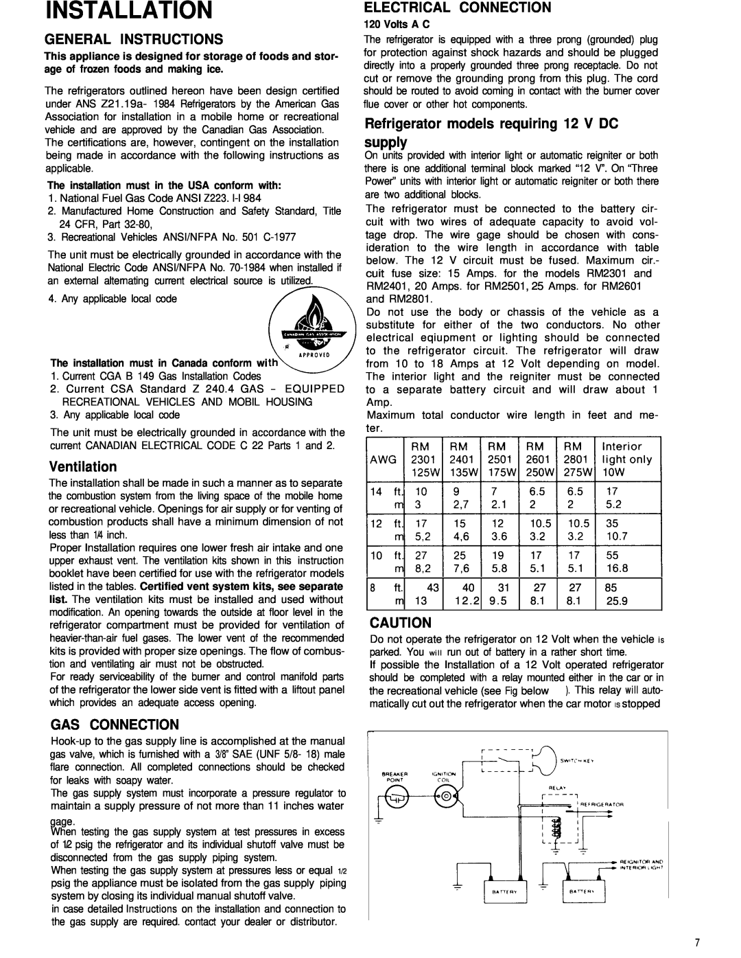 Dometic RM2801 General Instructions, Ventilation, Electrical Connection, Refrigerator models requiring 12 V DC supply 