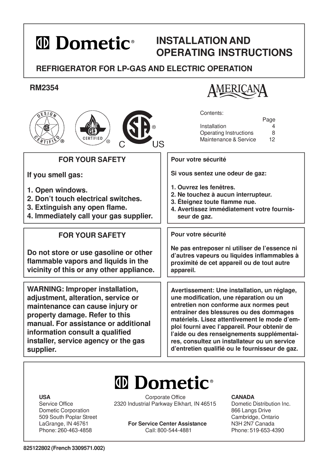 Dometic RM2354 manual Refrigerator for LP-GAS and Electric Operation, For Service Center Assistance, French 