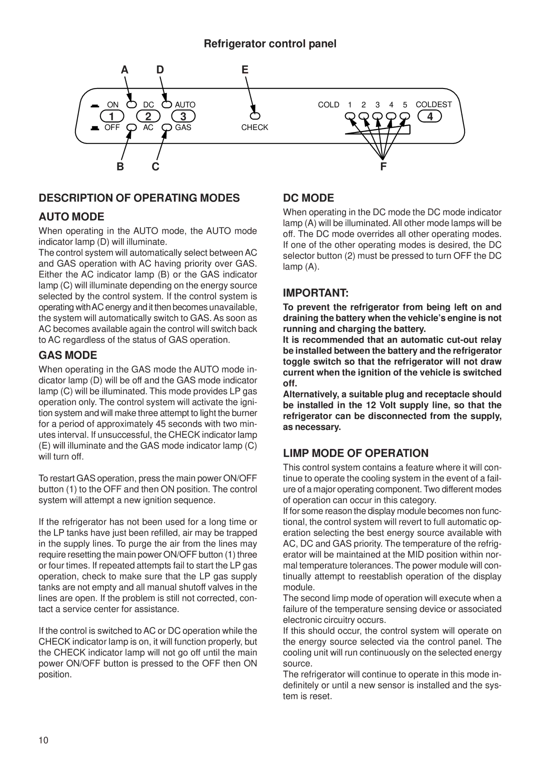 Dometic RM2354 manual Description of Operating Modes Auto Mode, Limp Mode of Operation 