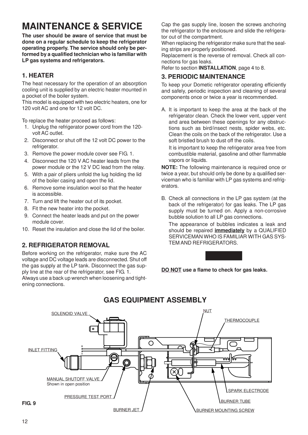 Dometic RM2354 manual GAS Equipment Assembly, Heater, Refrigerator Removal, Periodic Maintenance 