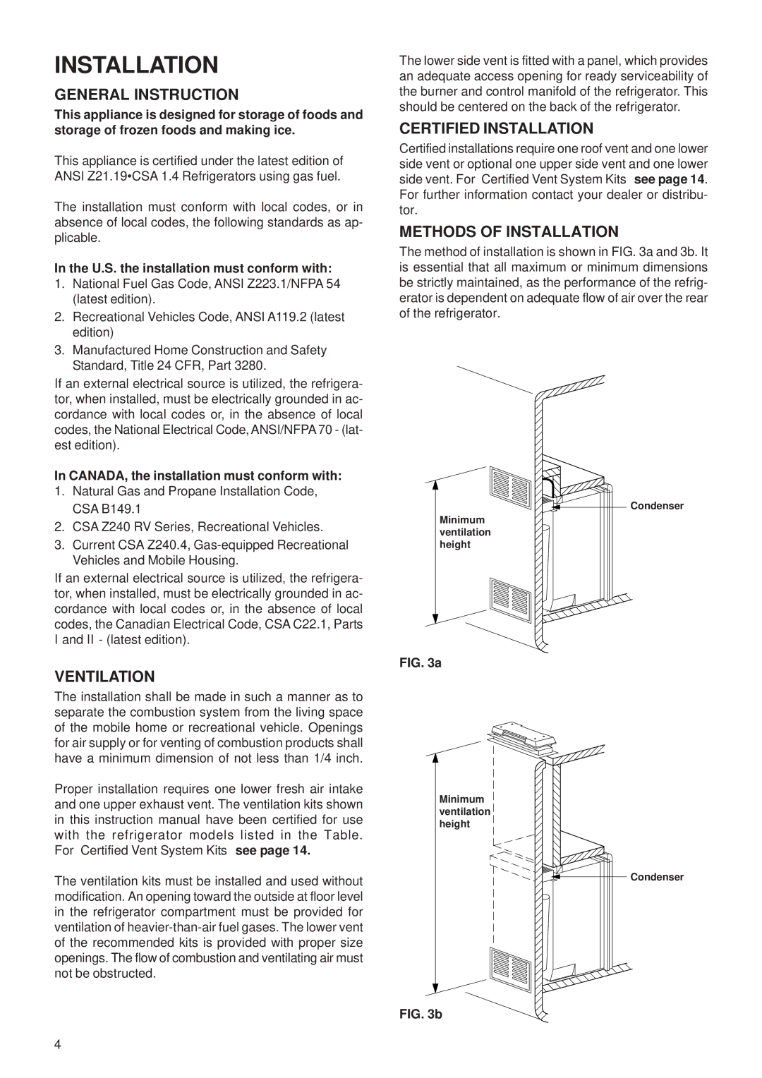 Dometic RM2354 manual General Instruction, Ventilation, Certified Installation, Methods of Installation 