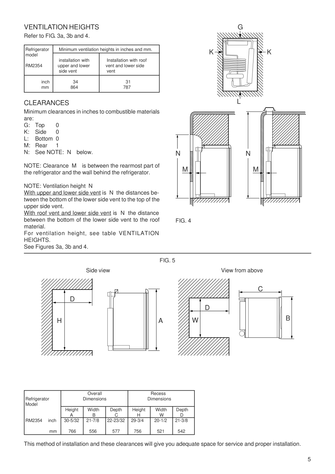 Dometic RM2354 manual Ventilation Heights, Clearances, Side view 