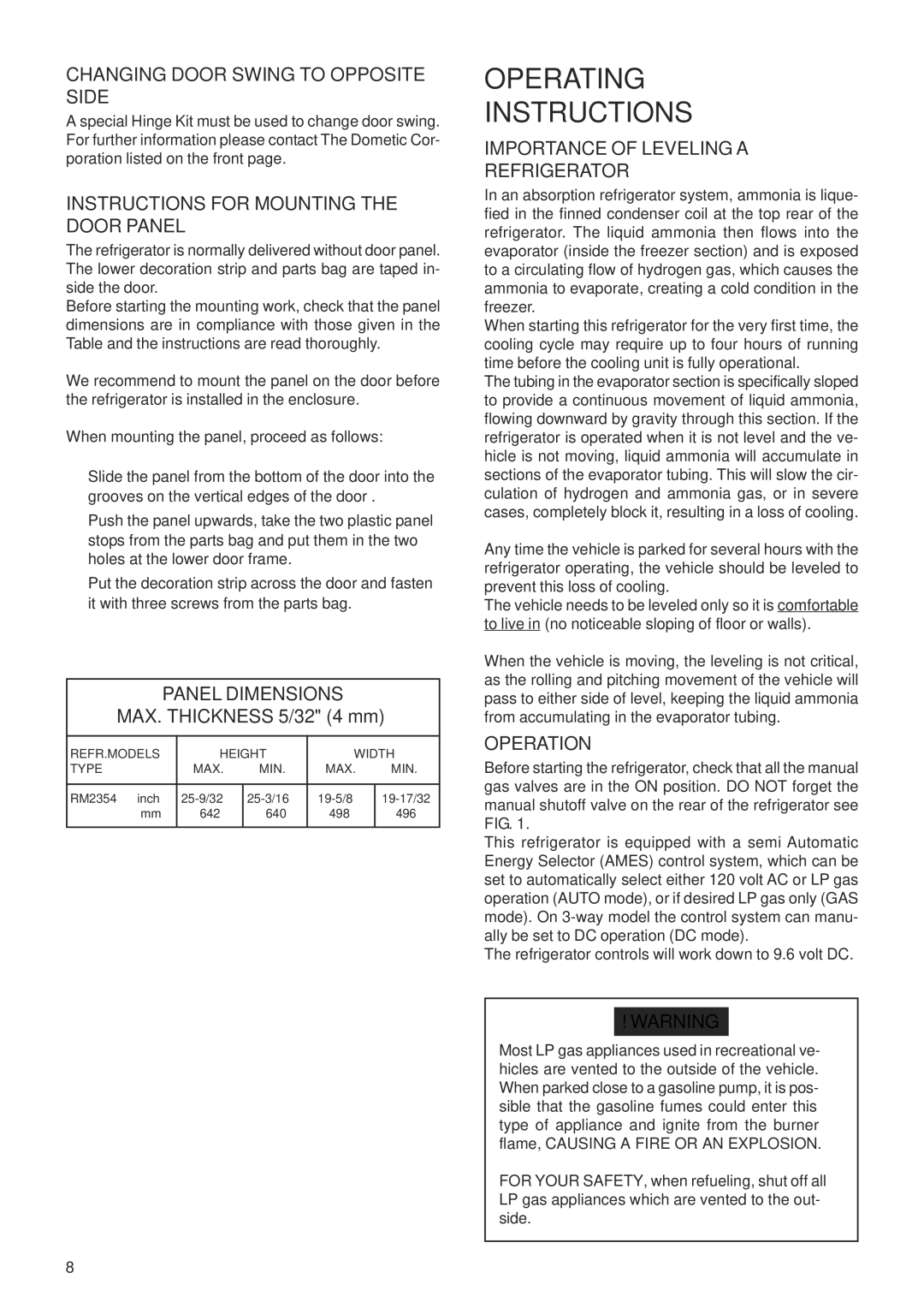 Dometic RM2354 Changing Door Swing to Opposite Side, Instructions for Mounting the Door Panel, Panel Dimensions, Operation 