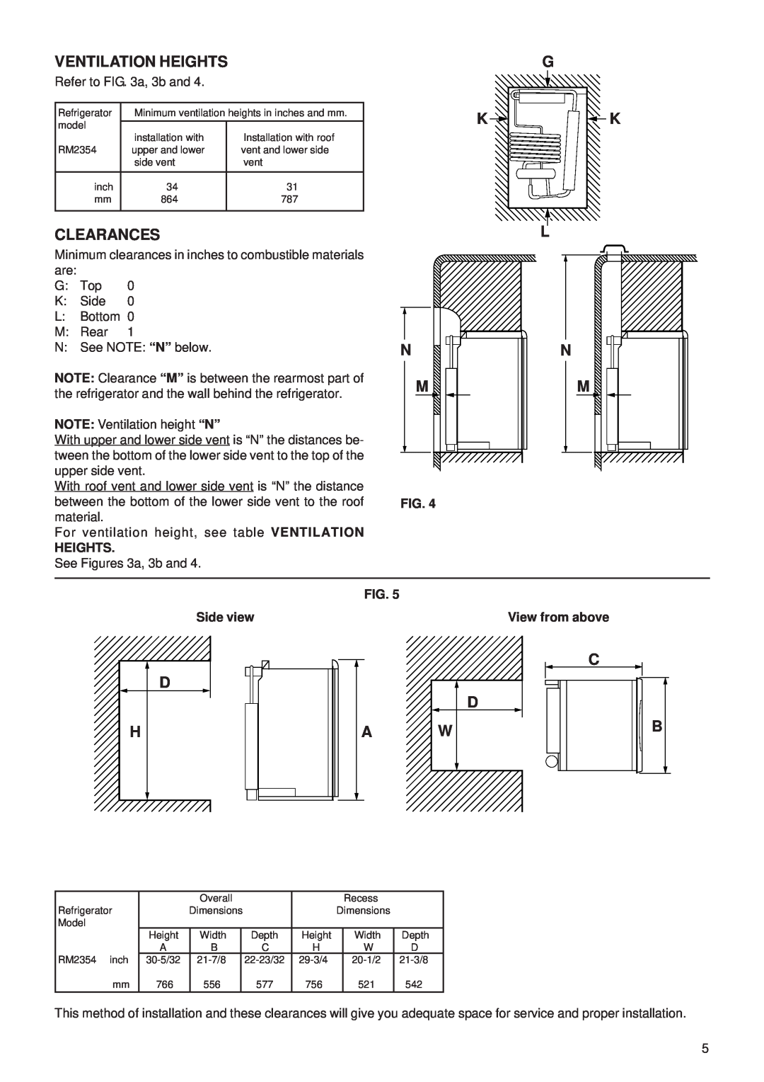 Dometic RM2354 manual Ventilation Heights, Clearances, L N M, D A W 