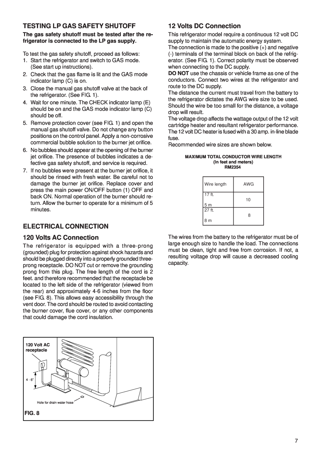 Dometic RM2354 manual Testing Lp Gas Safety Shutoff, ELECTRICAL CONNECTION 120 Volts AC Connection, Volts DC Connection 